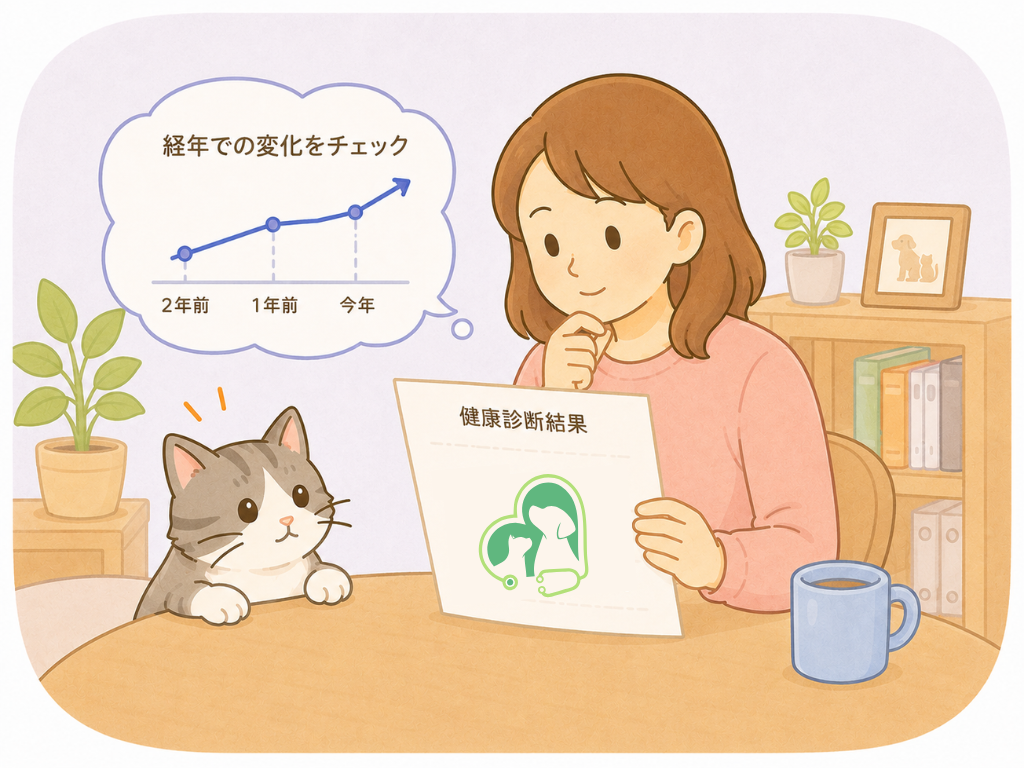 猫の飼い主が過去の健康診断結果と今年のデータを比較し経年変化をチェックしているイラスト