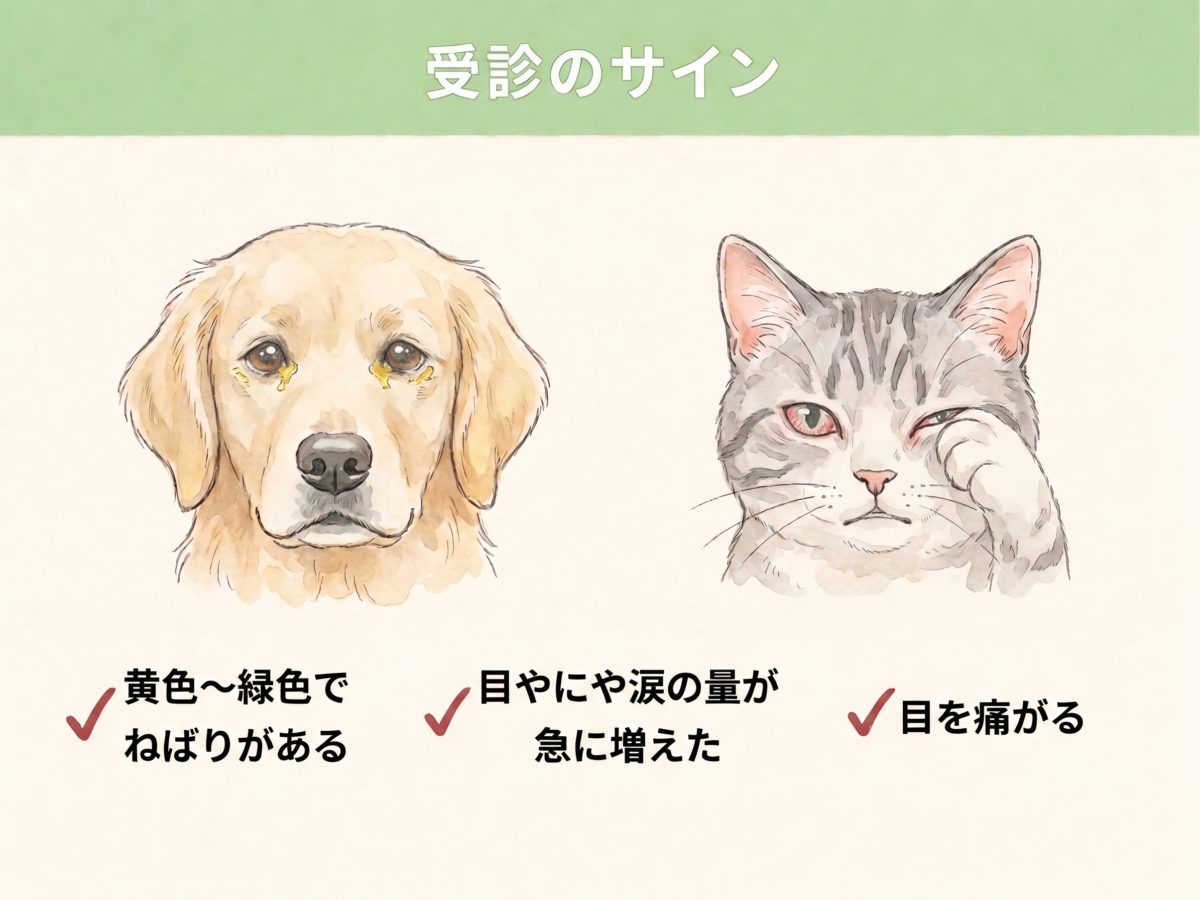 目の異常の受診のサイン図解:目やにに色がある/目やにや涙の量が増えた/目を痛がる様子