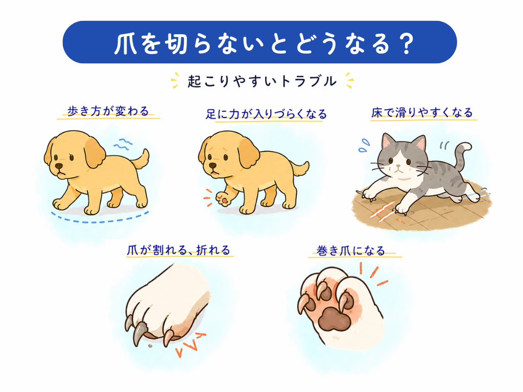 犬や猫で爪を切らないことで起こる歩行トラブルや巻き爪などを紹介したイラスト