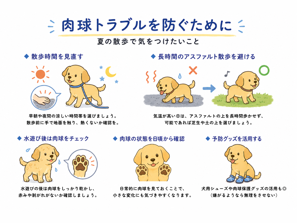 犬の肉球トラブルを防ぐためのポイントとして、涼しい時間帯の散歩、熱いアスファルトを避けること、水遊び後の肉球チェック、日頃の肉球観察、犬用シューズの活用を示したイラスト