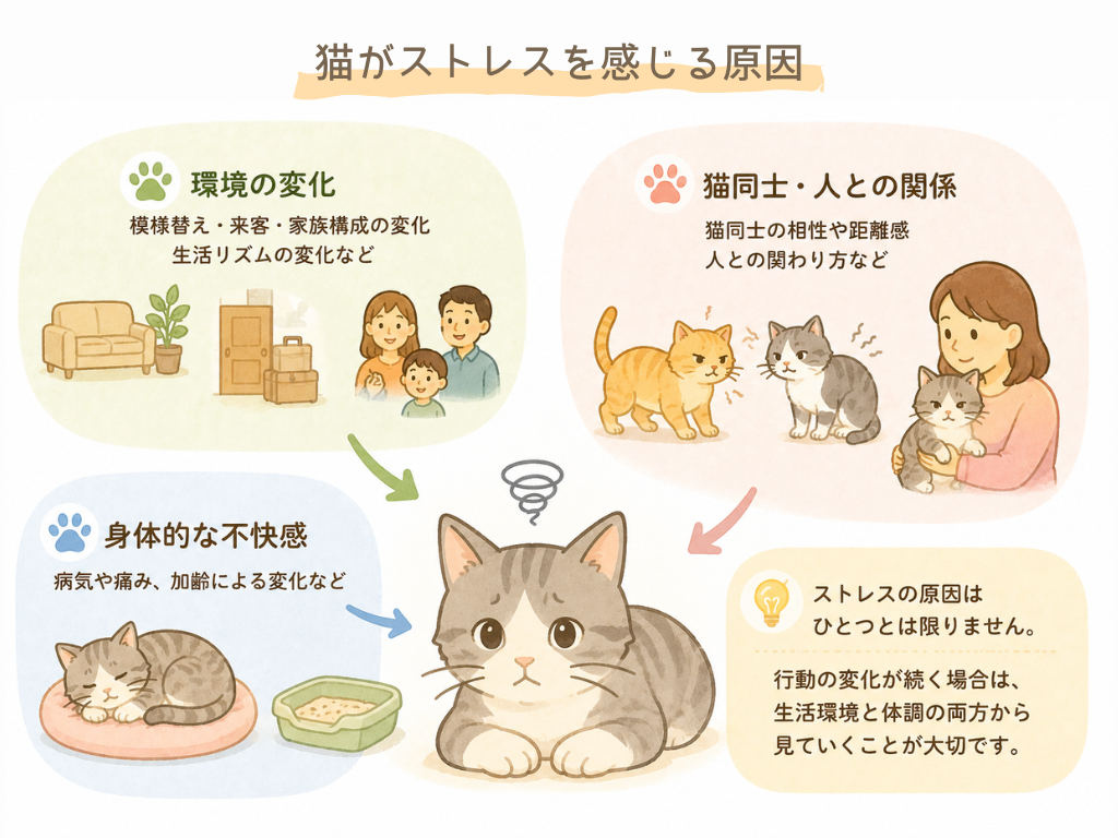猫がストレスを感じる主な原因として、環境の変化、猫や人との関係、病気や加齢による身体的な不快感があることを示したイラスト