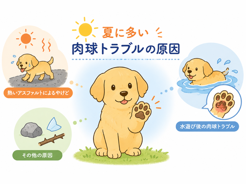 夏に多い犬の肉球トラブルの原因として、熱いアスファルトによるやけど、水遊び後の肉球の剥がれ、小石やガラス片などによる怪我を示したイラスト