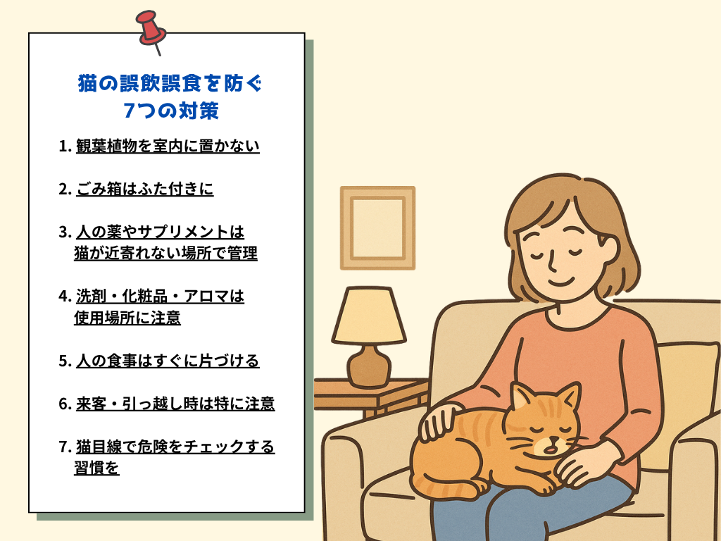 猫の誤飲誤食を防ぐ7つの対策をまとめた掲示物と、ソファで猫を優しく抱く女性のイラスト。観葉植物を置かない・ごみ箱をふた付きにする・薬やアロマの管理など、家庭でできる注意点を紹介している。
