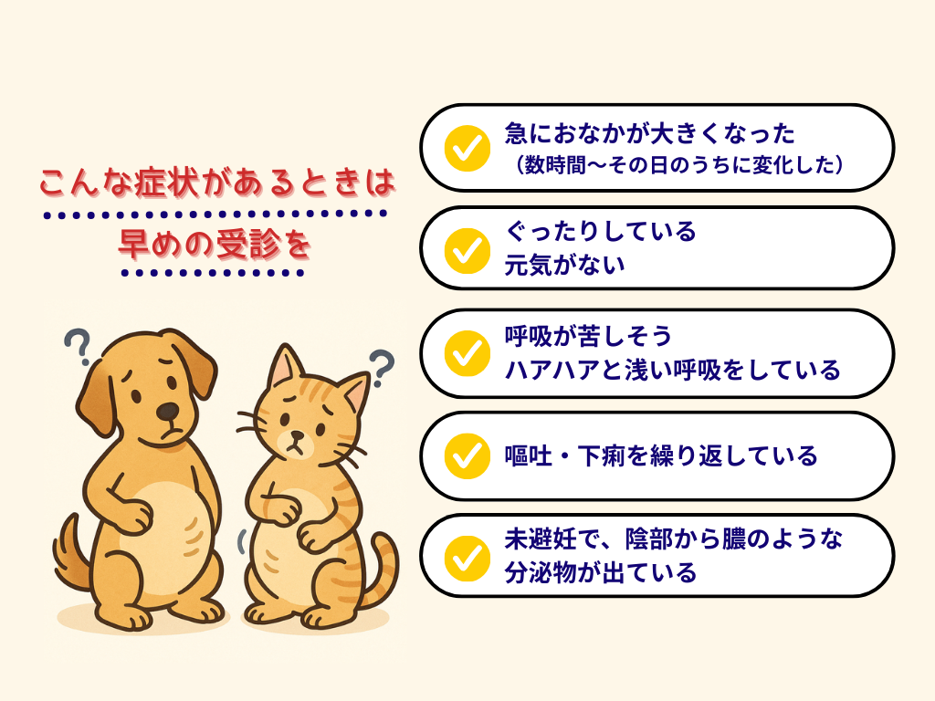 犬と猫がおなかを膨らませて不安そうにしているイラスト。急におなかが大きくなる、元気がない、呼吸が苦しそう、嘔吐や下痢を繰り返す、未避妊で膿のような分泌物が出る場合は早めの受診が必要と示している。
